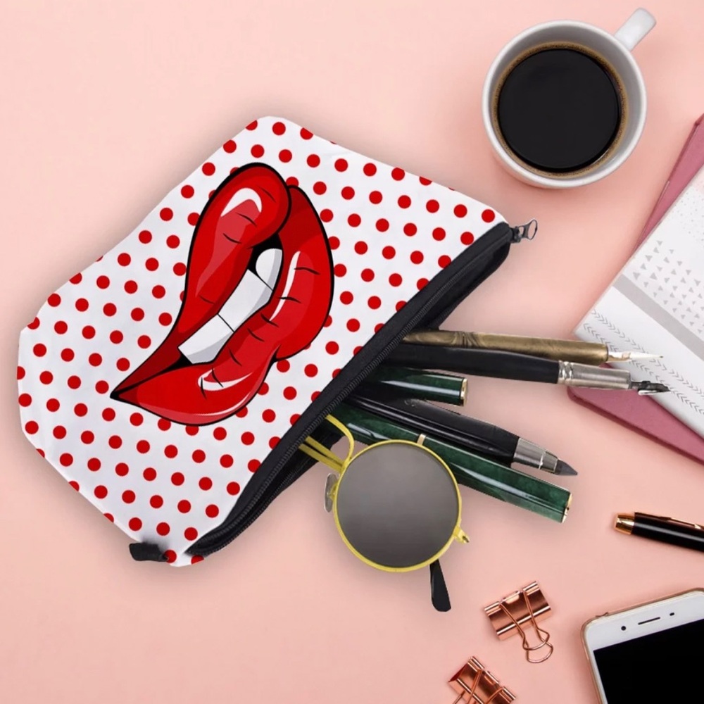 Red White Cosmetic Red Dots Red Lips Makeup Bag